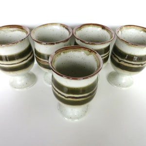 Set Of 5 Otagiri Stoneware Goblets, Vintage Japanese Pottery Pedestal Cups With Green Stripes image 3