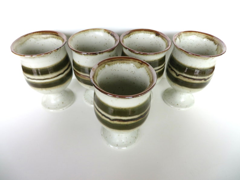 Set Of 5 Otagiri Stoneware Goblets, Vintage Japanese Pottery Pedestal Cups With Green Stripes image 3