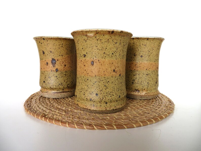 4 Vintage Studio Pottery Tumblers, Handmade 10oz Stoneware Drinking Cups WIth Speckled Glaze image 3