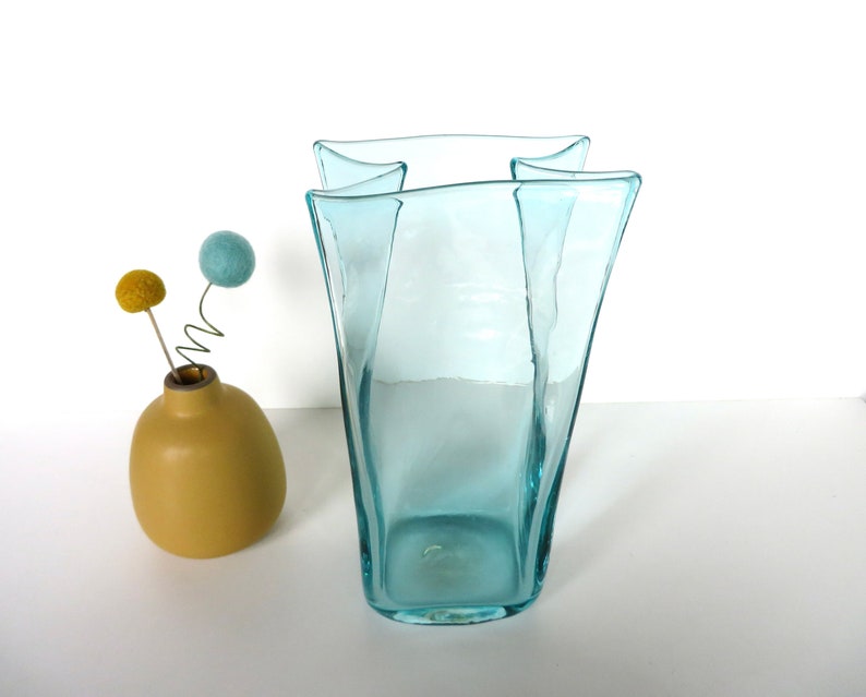 Vintage Blenko Glass Paper Bag Vase In Aqua Blue, 8 1/2 Hand Blown Blenko Glass Art 8813M image 3