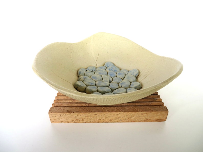 Contemporary Studio Ceramic Bowl, Vintage Hand Made Studio Pottery Art in Beige and Blue, Floral Art Dish image 6