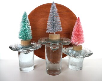 Set Of 3 Blenko Ice Glass Candle Holders, Vintage Don Shepherd Mushroom Glass Art Taper Holders
