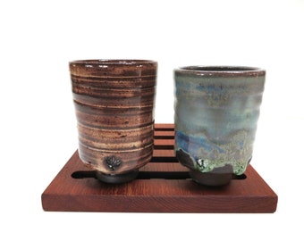 Set of 2 Small Japanese Yunomi Studio Pottery Cups, Hand Crafted Small Tea Bowl / Sake Cups In Brown and Blue Green