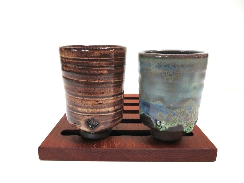 Set of 2 Small Japanese Yunomi Studio Pottery Cups, Hand Crafted Small Tea Bowl / Sake Cups In Brown and Blue Green image 1