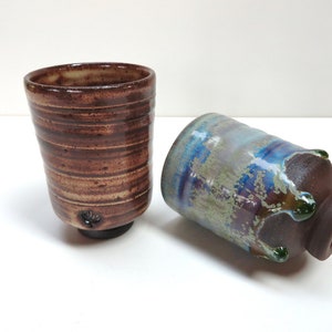 Set of 2 Small Japanese Yunomi Studio Pottery Cups, Hand Crafted Small Tea Bowl / Sake Cups In Brown and Blue Green image 9