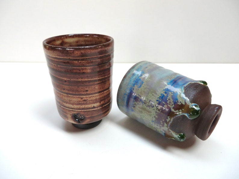 Set of 2 Small Japanese Yunomi Studio Pottery Cups, Hand Crafted Small Tea Bowl / Sake Cups In Brown and Blue Green image 9