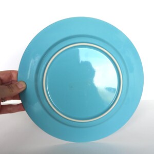 May include: A round, turquoise plate with a white inner rim. The plate is held by a hand, showcasing its glossy finish. The plate is a piece of tableware.