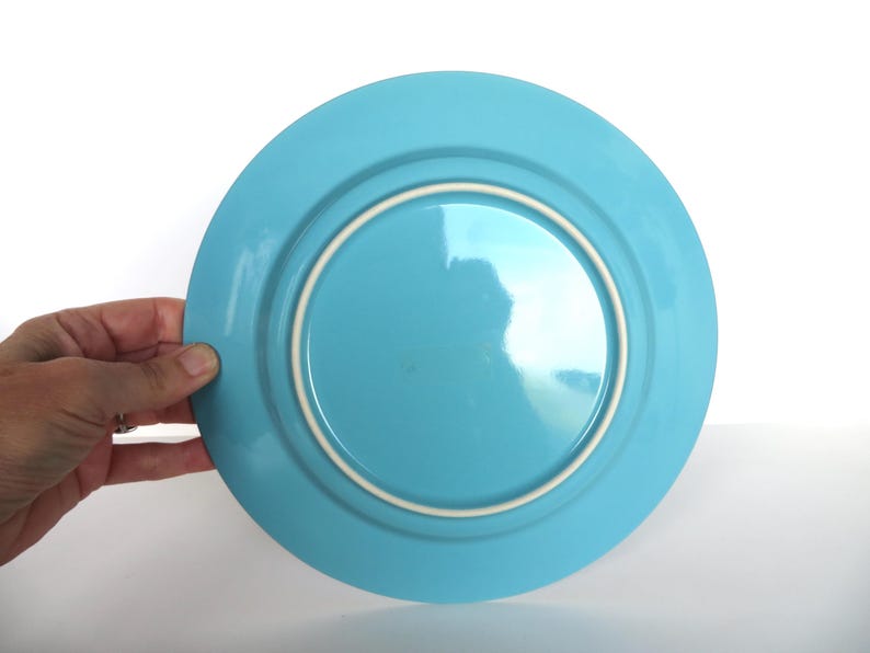 May include: A round, turquoise plate with a white inner rim. The plate is held by a hand, showcasing its glossy finish. The plate is a piece of tableware.