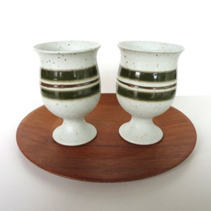 Set Of 2 Otagiri Stoneware Goblets, Vintage Japanese Pottery Striped Green Pedestal Cups image 1