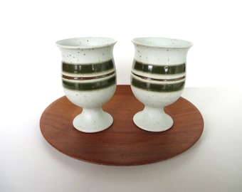 Set Of 2 Otagiri  Stoneware Goblets, Vintage Japanese Pottery Striped Green Pedestal Cups