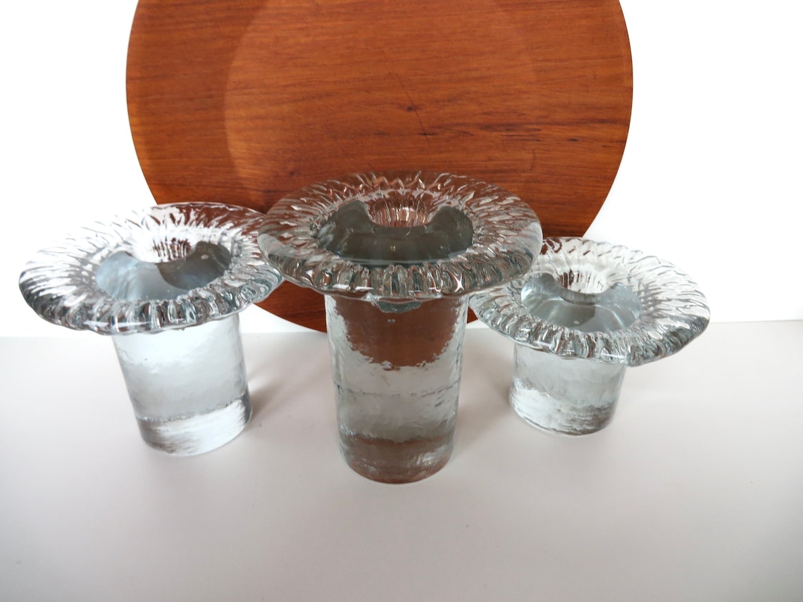 Set of 3 Blenko Ice Glass Candle Holders Vintage Don Shepherd Etsy