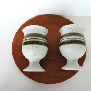 Set Of 2 Otagiri Stoneware Goblets, Vintage Japanese Pottery Striped Green Pedestal Cups image 4