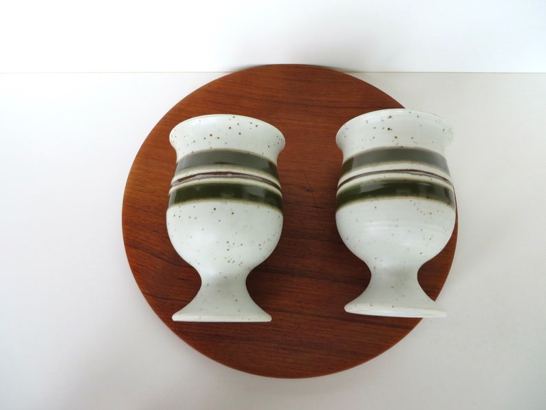 Set Of 2 Otagiri Stoneware Goblets, Vintage Japanese Pottery Striped Green Pedestal Cups image 4