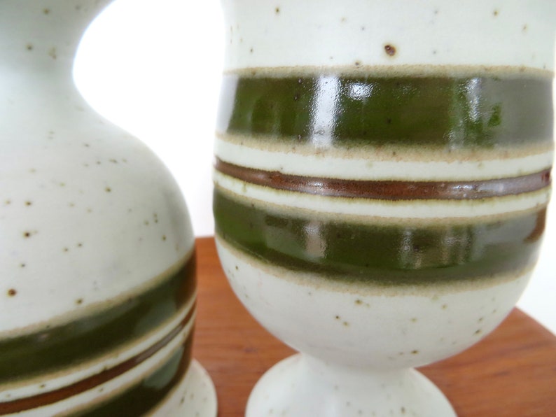 Set Of 2 Otagiri Stoneware Goblets, Vintage Japanese Pottery Striped Green Pedestal Cups image 8