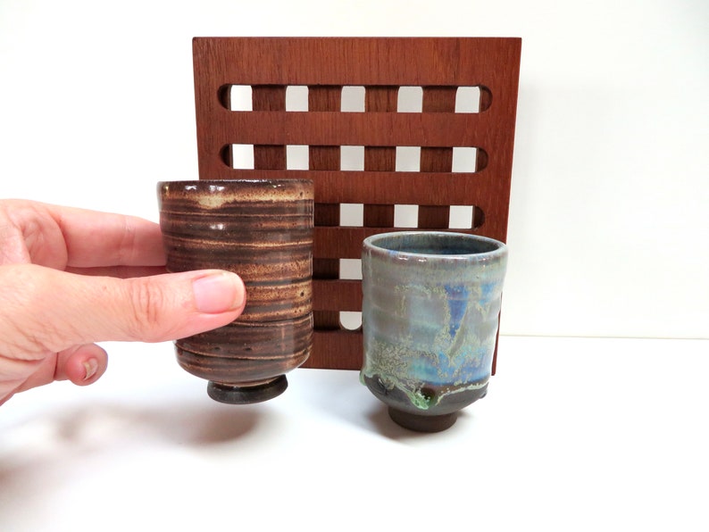 Set of 2 Small Japanese Yunomi Studio Pottery Cups, Hand Crafted Small Tea Bowl / Sake Cups In Brown and Blue Green image 6