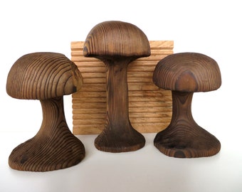 Set of 3 Large Cryptomeria Wooden Mushrooms From Japan, Carved Wooden Mushroom Sculptures Live Edge