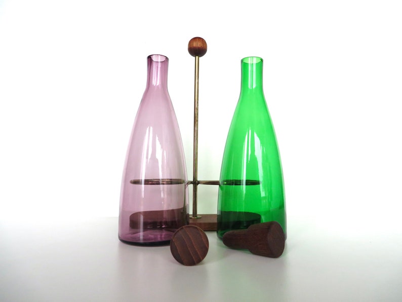 Danish Modern Teak Cruet Set With Blown Glass Oil and Vinegar Bottles image 6