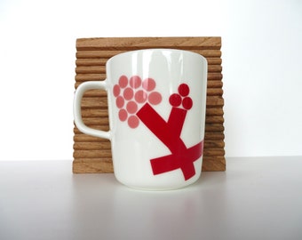 Vintage Marimekko Oiva Ceramic Hortensie Red Mug, Scandinavian Hydrangea Coffee Cup By Carina Seth-Anderson