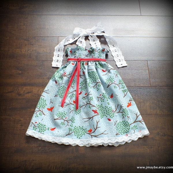 Custom Little Red Bird Smocked Baby Girl Sundress by Steady As She Goes 3 6 12 18 24 mo cardinal blue green tree eyelet lace halter hippie