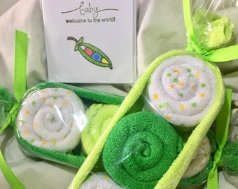 Pea in the pod baby washcloths 8 of them, 2 pods new bath shower bath gift twin babies New Mom nursery large pods handmade card