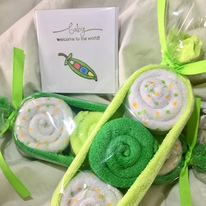 baby washcloths, unique baby gift, pea pods 2 new bath shower bath gift twin babies New Mom nursery large pods handmade card,