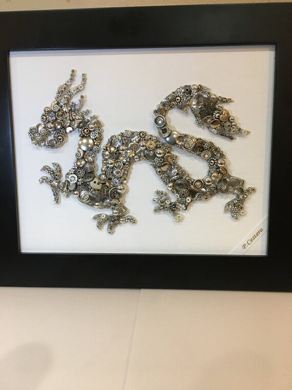 Dragon Art, Mooshu, Mushu Mulan Mystical DragonDragon Mooshu art,Unique gift,unique art 8"by10"art mixed media,Swarovski bling gold / silver