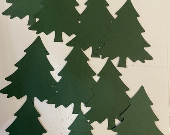 May include: Ten green paper Christmas tree cutouts on a white background.