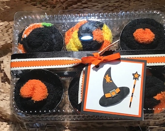 Halloween Fuzzy socks gift box 3  pairs handcrafted into fluffy cupcakes bridesmaid gift, Surgery gift,, hospital gift, fun gift free ship