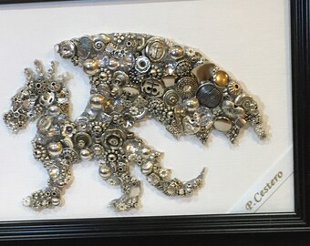 Dragon button artwork, Dragon metal art,Unique gift, unique art work, 5”by 7”art mixed media,Swarovski bling on canvas silver tone free ship