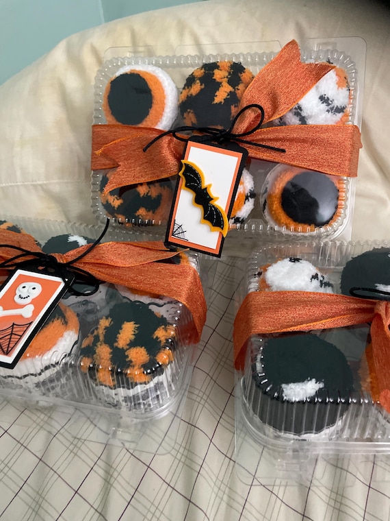 Halloween socks gift box 3 pairs handcrafted into fluffy cupcakes sweet 16 gift, hospital gift, fun gift free ship Fuzzy socks Birthday