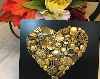 gold heart gift, unique gift, button art, button artwork, tabletop picture, I love you gift, Valentine's gift ideas, 6"by6" bling, free ship