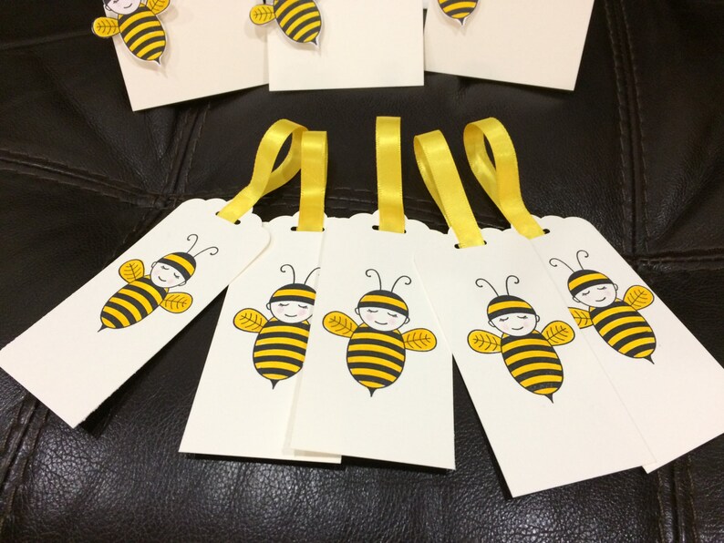 Bumble bee baby shower baby bee birthday handmade place cards escort food tent style cards 10 place cards 5 bee tags matching