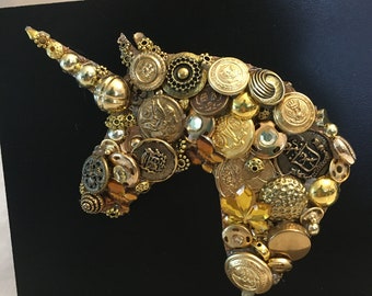 Golden Unicorn Button Art, Crystal Embellished Tabletop Decor