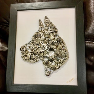 Great Dane, pet wall art, dog lover art, mixed button artwork, Mother&#39;s Day, German Mastiff dog breed art, wall decor framed free ship