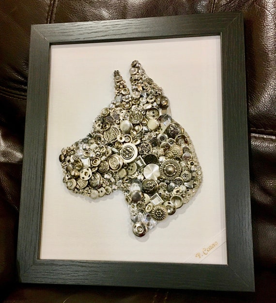 Great Dane, pet wall art, dog lover art, mixed button artwork, Mother's Day, German Mastiff dog breed art, wall decor framed free ship