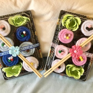 Baby wash cloths sushi , Etsybaby, 6 colorful washcloths folded like sushi + chop sticks  gift shower new boxed treat, twin gift, &card