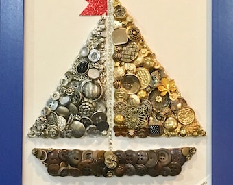 Nautilus art, sea art, button art, wall decor, sail boat wall art,Father's Day gift, bling art, unique gift, birthday free shipping