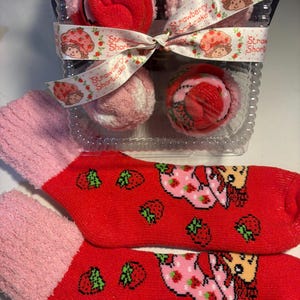 Strawberry Shortcake cozy fuzzy sock cupcakes gift for her Valentine’s Day, birthday, Easter,