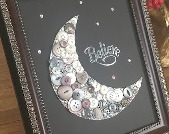 Button art work moon believe,Mother of Pearl buttons, Unique Holiday gift, artwork, 10"x12" art  mixed media, Swarovski bling art