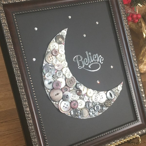 Button art work moon believe,Mother of Pearl buttons, Unique Holiday gift, artwork, 10"x12" art  mixed media, Swarovski bling art
