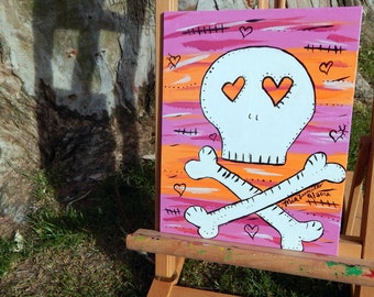 PINK and ORANGE SKULL | Skull and Cross Bone Painting | 8x10in