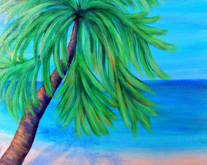 Tropical Palm Tree Painting | 16x20 | PALM TREE on the BEACH | Framed