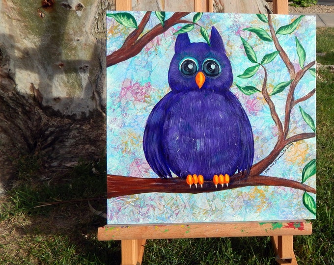 PURPLE OWL in a TREE | 12x12 in | Painting | Owl Painting | Nursery Art