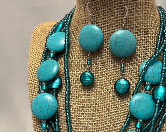 Multi Strànd Turquoise Seed Bead Necklace and Earring Set - Etsy
