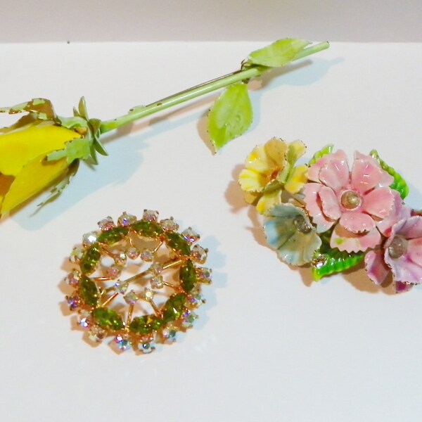 Vintage Retro Flower Brooch Lot- Rose- Flowers- Rhinestones- Enamel