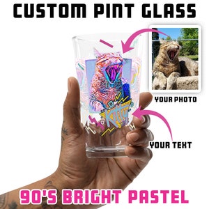 Custom Pet Portrait - 90's Bright Pastels | Pint Glass | Personalized Cat/Dog Cup - Pet Cup | Customized Cat/Dog Photo & Text | custom glass