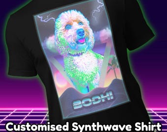 Custom Pet Portrait T-Shirt – Synthwave Retro Design