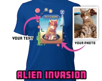 Custom Pixels 8-bit Alien Invasion - Personalized Pet Portrait Shirt | Custom Cat/Dog Portrait & Text | Cat or Dog Picture | Unisex t-shirt
