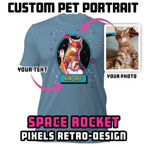 Custom Pixels 8-bit Space Rocket - Personalized Pet Portrait Shirt | Custom Cat/Dog Portrait & Text | Cat or Dog Picture | Unisex t-shirt