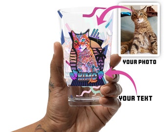 Custom Pet Portrait Pint Glass: Retro 80's Neon Cat/Dog Cup